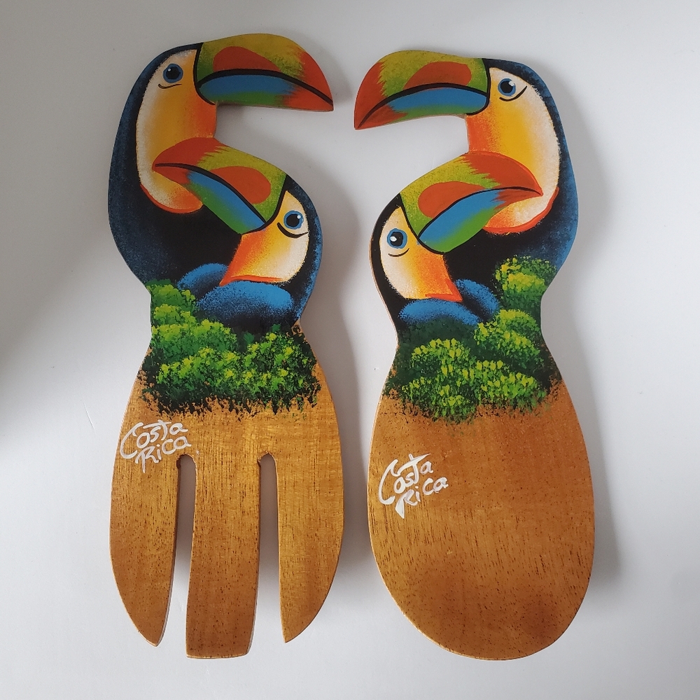 Salad Serving Fork & Spoon Handpainted Wooden Set from Costa Rica Toucan Birds
